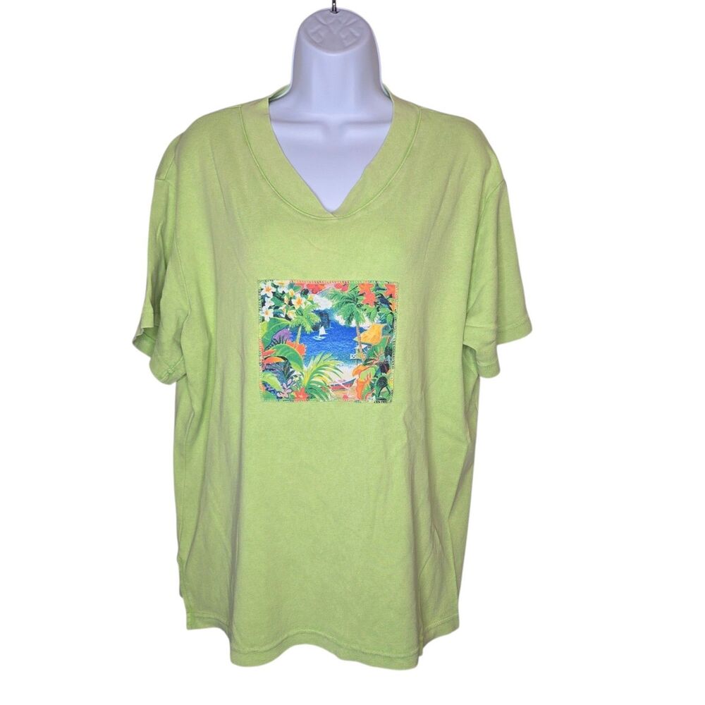 Vintage Michael Leu Collection Graphic Tee Women Green Tropical Beach Patch XL